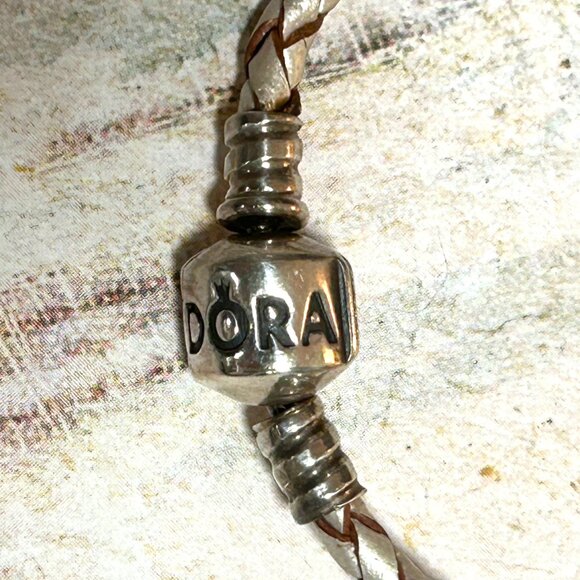 Pandora Sterling Silver Braided Leather Bracelet With Floral Pink Enamel Charm - Picture 10 of 16